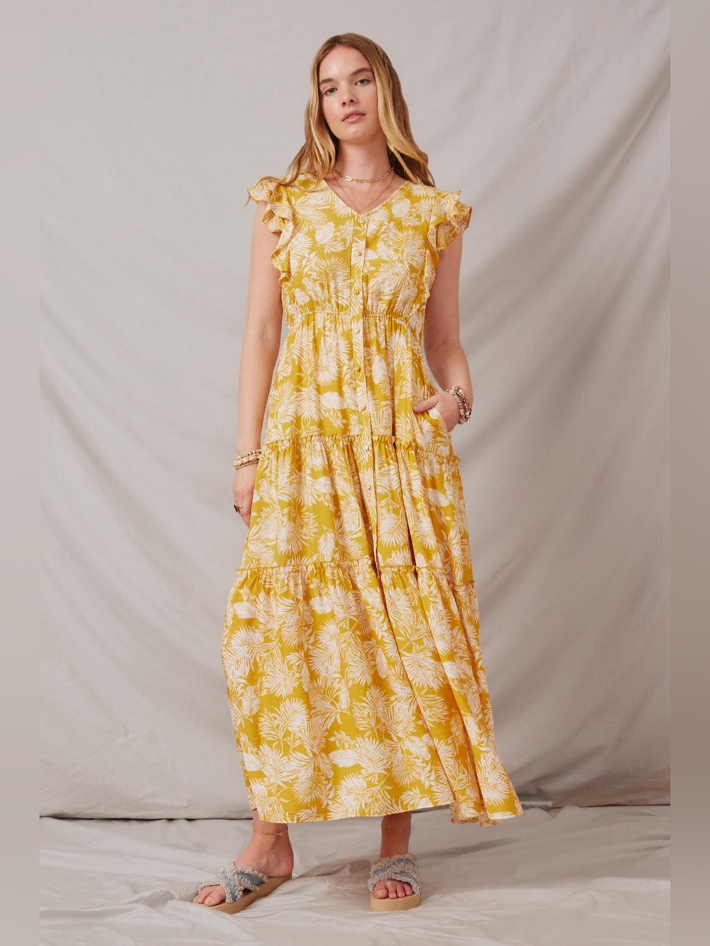 Hayden Mustard Yellow Tropical Palm Print Maxi Dress Coastal Ruffle Sleeve M